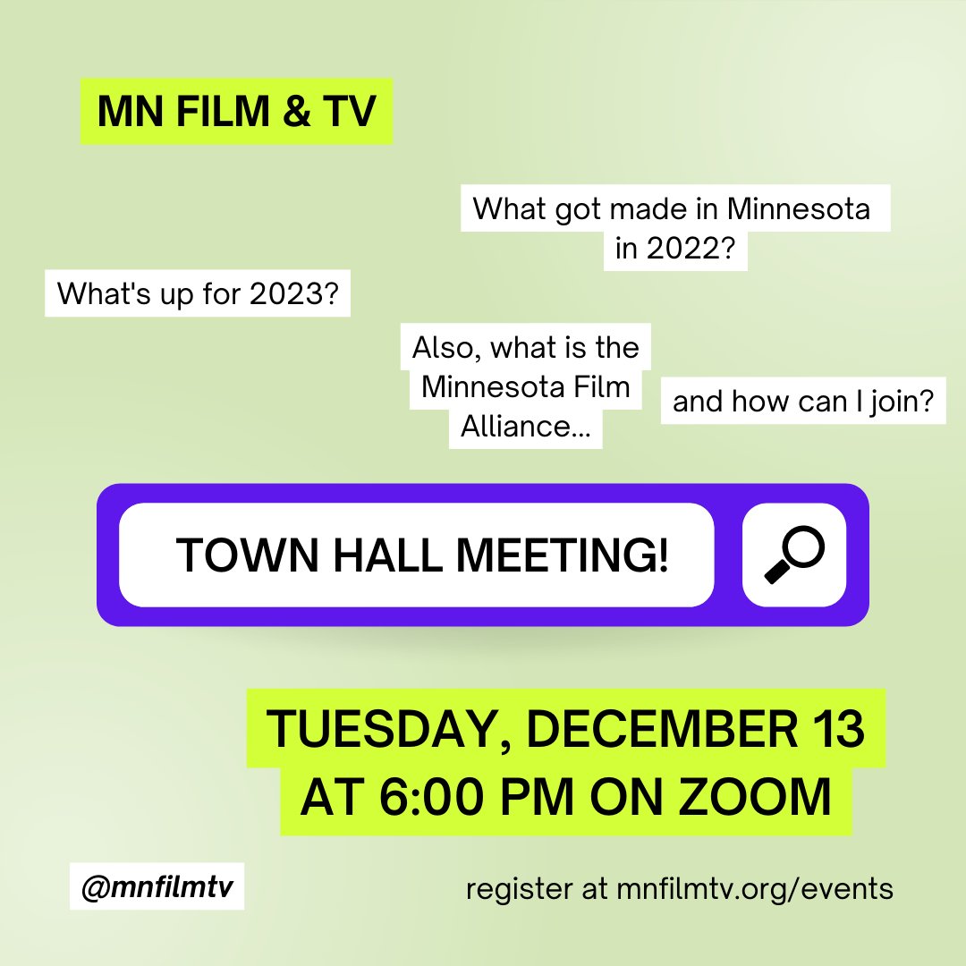 Town Hall Meeting at 6pm on Tuesday, December 13! Join us on Zoom where we'll give a production recap from 2022 and discuss the upcoming 2023 legislative session. Get your link here: mnfilmtv.org/town-hall-meet…