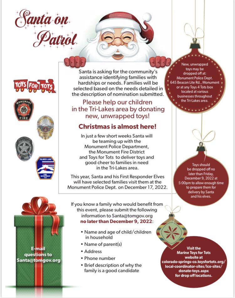 The Monument Police Department asks whether you can help us help others? #SantaonPatrol