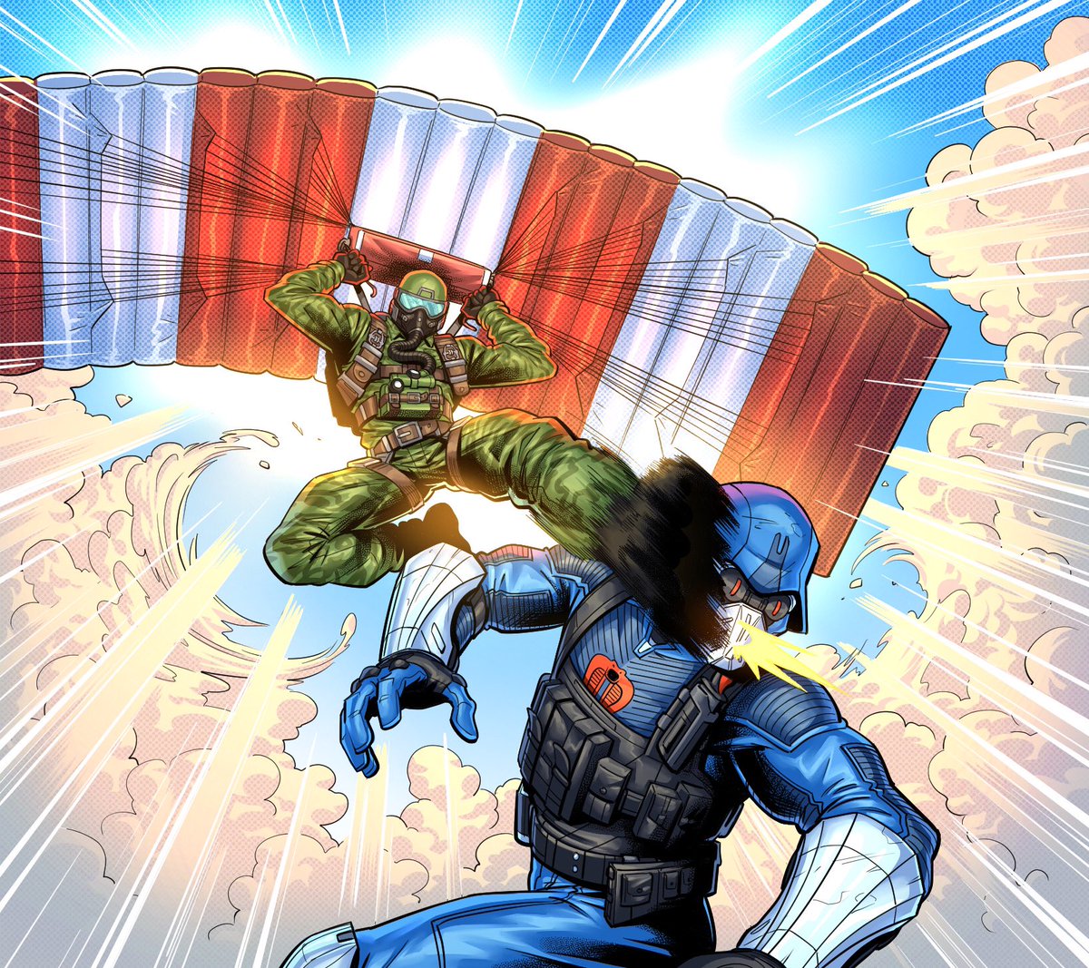 Here’s another new card piece I drew earlier in 2022 for the GI Joe Deck Building Game Mission Critical Expansion from @PlayRenegade ! 
Title: Parachute Assault. Ripcord is parachuting in and kicking a Cobra Trooper in the face. #gijoe #deckbuildinggame #ripcord #cobra #hasbro