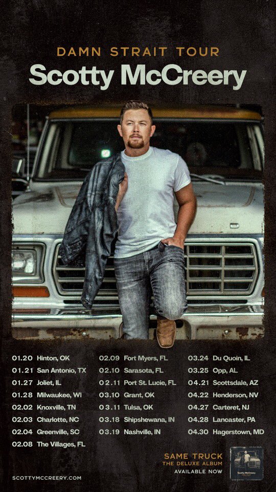 ScottyMcCreery's tweet photo. Announcing my Damn Strait Tour for Winter/Spring 2023 through the end of April. Fan club presale begins tomorrow, Dec. 13 at 10 am local time, followed by general on sale this Friday, Dec. 16 at 10 am local time. For tix and more info visit https://t.co/6fiSS8ZIQv https://t.co/tXgrS3psld