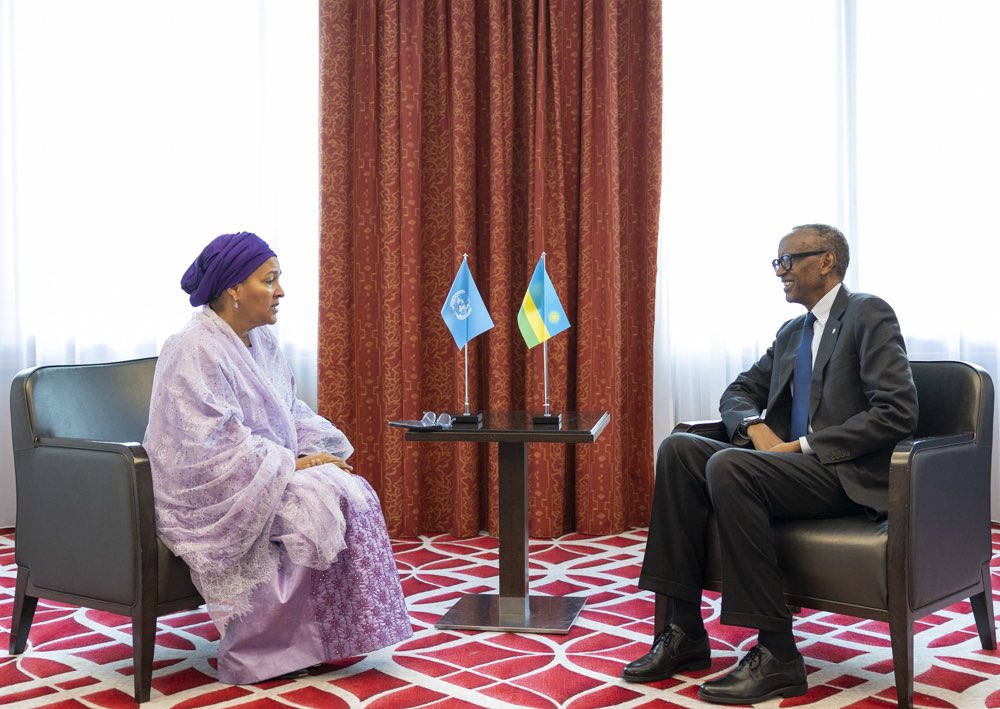 This afternoon in Geneva, President Kagame met with Deputy UN Secretary-General, @AminaJMohammed on the sidelines of #DevCoSummit.