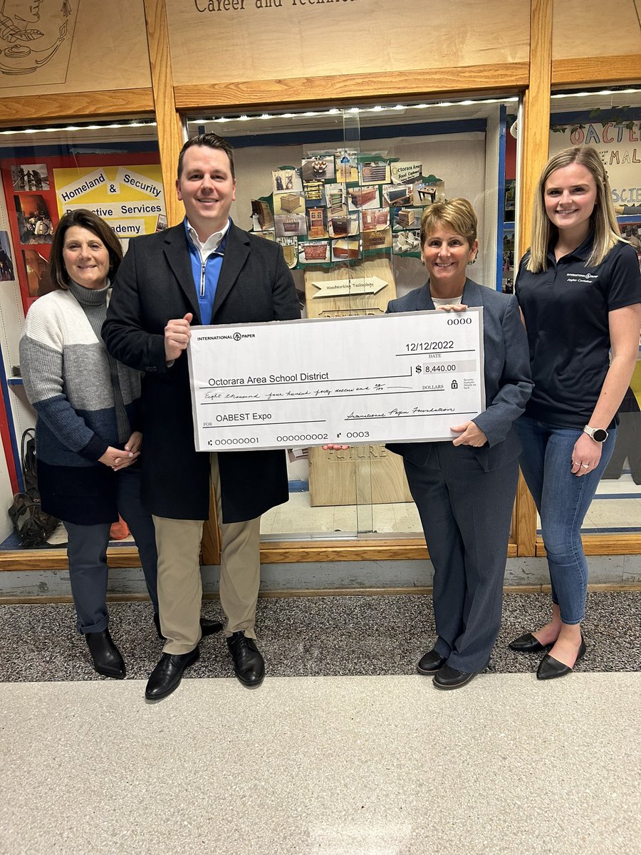 Octorara Career $ Technical Education receives and $8,440 grant from International Paper Foundation in support of the 2023 OABEST Expo.