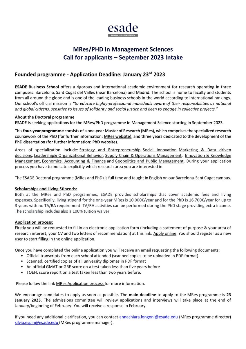 ealmirall's tweet photo. Esade @esade MRes 👉 Call for Applicants 👉 Do you want to do a PhD with us? 👇👇👇 https://t.co/Swvirp726R