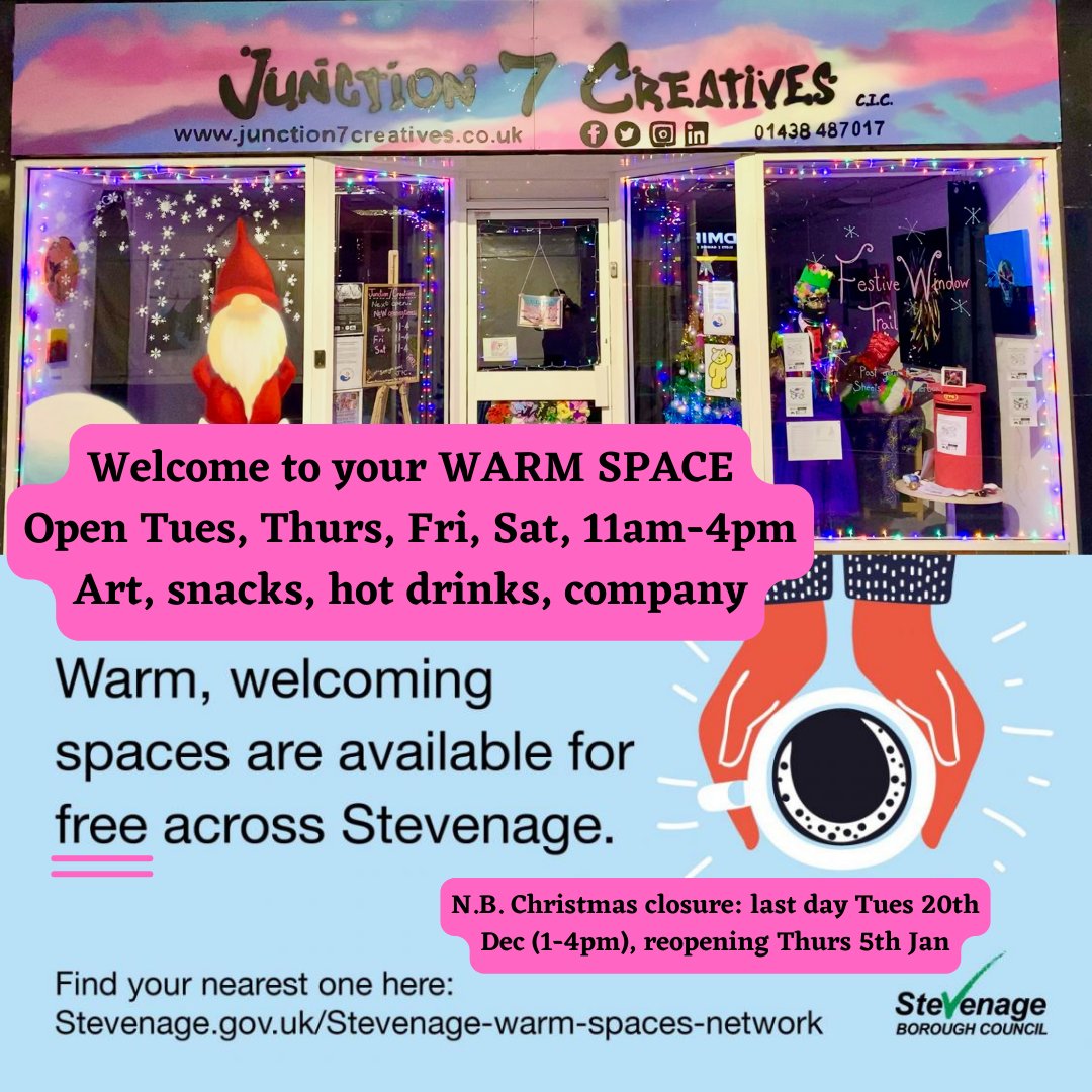 Junction 7 Creatives C.I.C (@junction_c) on Twitter photo We offer you WARMTH this winter...for body & soul...Junction 7 Creatives is now part of the #WarmSpaces network for #Stevenage - with art, snacks, hot drinks & good company available - FREE. Pop in to 17 Town Square to share the warmth... With thanks to <a href="/StevenageBC/">Stevenage Council</a> 💛🧡❤️💜 We offer you WARMTH this winter...for body & soul...Junction 7 Creatives is now part of the #WarmSpaces network for #Stevenage - with art, snacks, hot drinks & good company available - FREE. Pop in to 17 Town Square to share the warmth... With thanks to <a href="/StevenageBC/">Stevenage Council</a> 💛🧡❤️💜