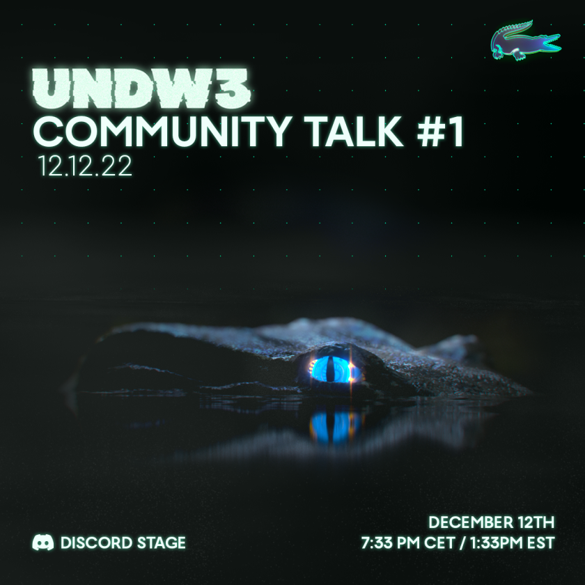 All about community.🤝

Join us today, Dec. 12, at 19.33pm (🇫🇷 time) on our AMA where we will talk about our global vision, what we have accomplished so far, and our plans for the future in the swamps...

UNDW3 Community Talk on our Discord server. 🎙️
discord.gg/undw3