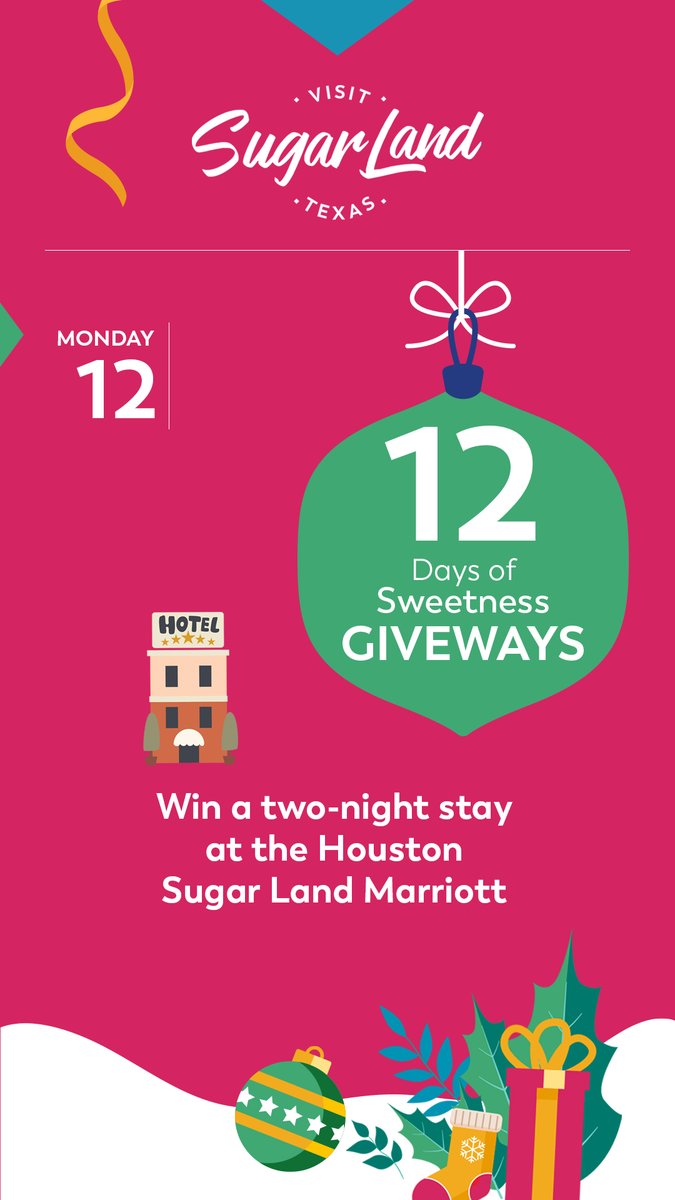 VisitSugarLand's tweet photo. 🍭 DAY 2 🍭 As part of our #12DaysofSweetness, we are giving a lucky winner a two-night stay at the Houston Marriott @SLTownSquare. 
TO ENTER:
1. Follow @VisitSugarLand @SugLandMarriott 
2. ❤️ and Retweet this post
4. Sign up ➡️ https://t.co/ngTCImEOLb
Winner announced on 12/23! https://t.co/sfF1hAgNVH