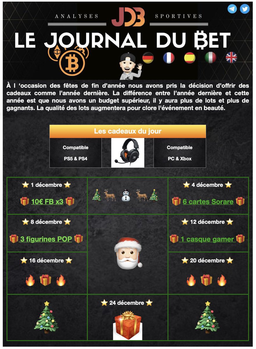 JournalDuBet's tweet photo. 🎁 𝗟𝗲𝘀 𝗰𝗮𝗱𝗲𝗮𝘂𝘅 𝗱𝗲 𝗱𝗲́𝗰𝗲𝗺𝗯𝗿𝗲 🎁

12 décembre > 🎧 UN CASQUE GAMER compatible #PS4 #PS5 #PC #XBOX 

👉🏻 𝐂𝐨𝐧𝐝𝐢𝐭𝐢𝐨𝐧𝐬 𝐑𝐓, ❤️ &amp; 𝐟𝐨𝐥𝐥𝐨𝐰 

🗳️ TAS 16/12 #Giveaway 🍀🍀🍀 https://t.co/1eYGBqzauh