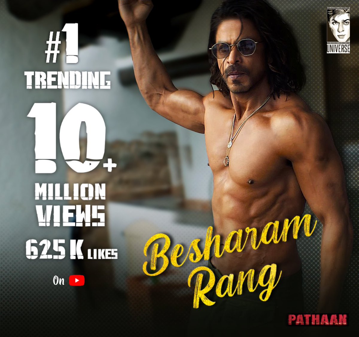 #BesharamRang is trending at No 1 position on Youtube with over 10M+ views in less than 12 hours and 6.25 Lakh likes! Easily the biggest party anthem of the year! Aur picture abhi baaki hain! 😉 #Pathaan @iamsrk @yrf @deepikapadukone #ShahRukhKhan #SRK #DeepikaPadukone