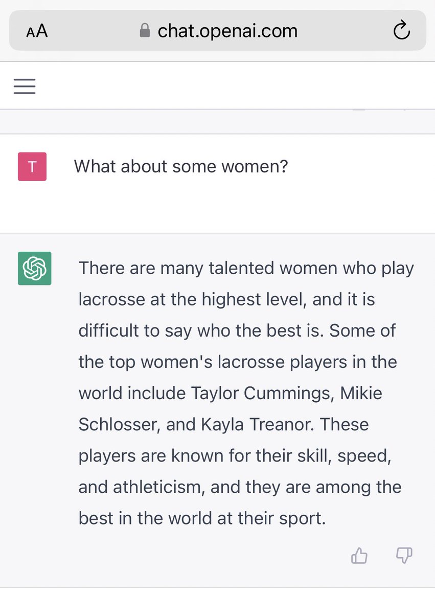 officiallaxgirl's tweet image. Asked an AI who the best lacrosse player in the world is…..it did okay but I think it needs a little help on this particular answer😂😭