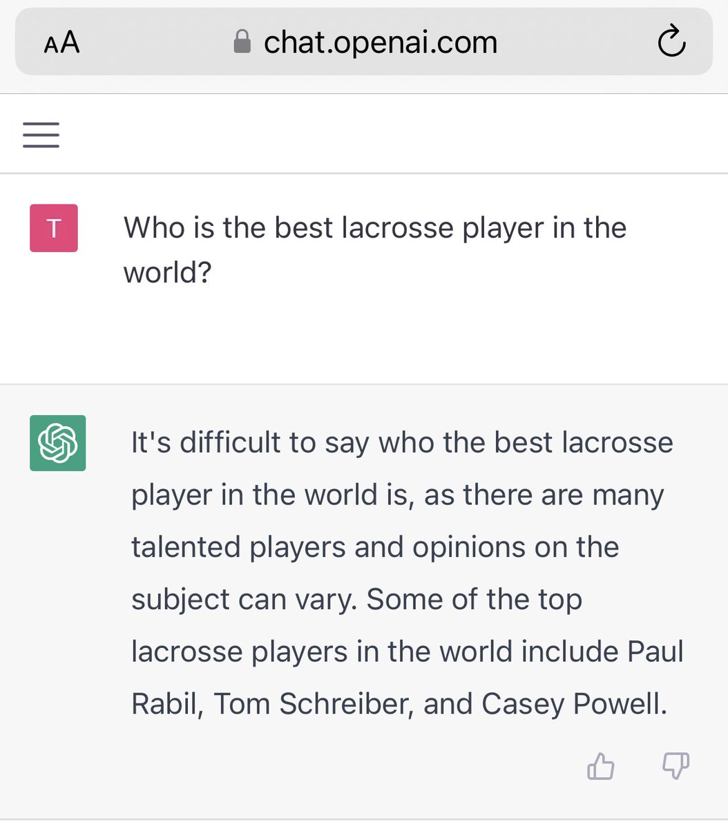 officiallaxgirl's tweet image. Asked an AI who the best lacrosse player in the world is…..it did okay but I think it needs a little help on this particular answer😂😭