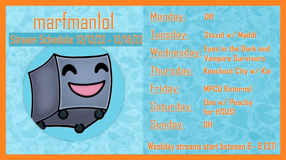 marfman1o1's tweet photo. Here's the schedule for the week! Staxel with @TheMaddiHunt, Checking out (#keyprovidedby) @EyesinDark_Game, trying out Vampire Survivors, KOC with @IAmRinnekai, MPCU with Kai, @LukeTheAmateur, and @ItsMachoMadness, and Uno with @MacAndEZ2 and friends raising money for HSUS! https://t.co/nGI7HukJdp