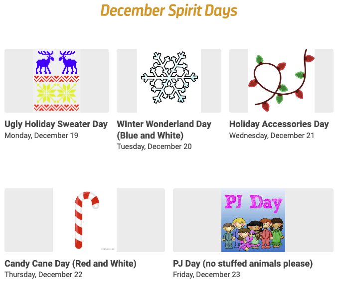 Next week is Spirit Week! We look forward to seeing how festive our Bear Creek leaders are during our last week before the Holiday break!