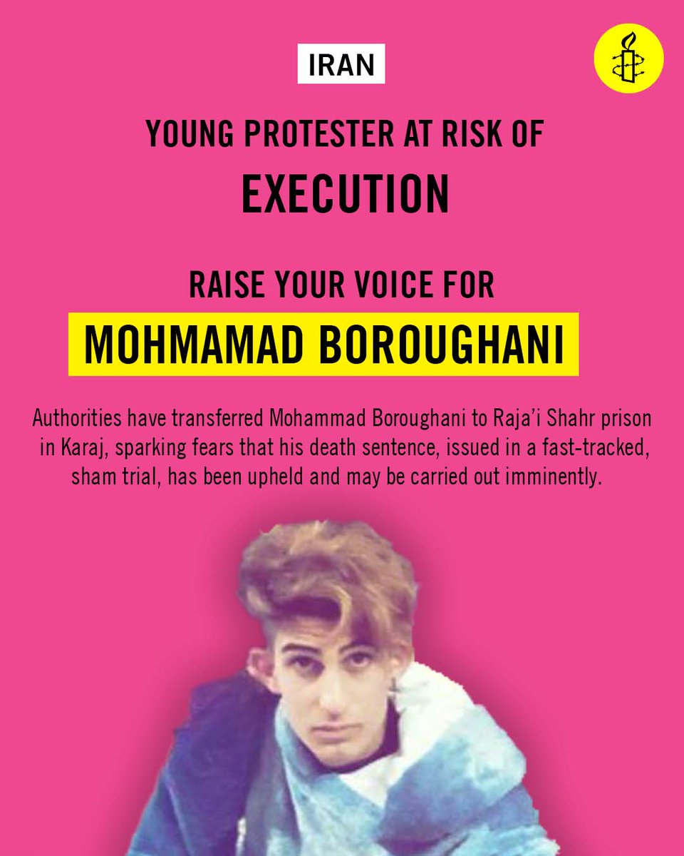 Young Iranian protester #MohammadBoroughani has been moved to Raja’i Shahr prison in Karaj, Alborz Province, sparking fears that his execution may be imminent. He was sentenced to death for “enmity against God” in a sham trial.