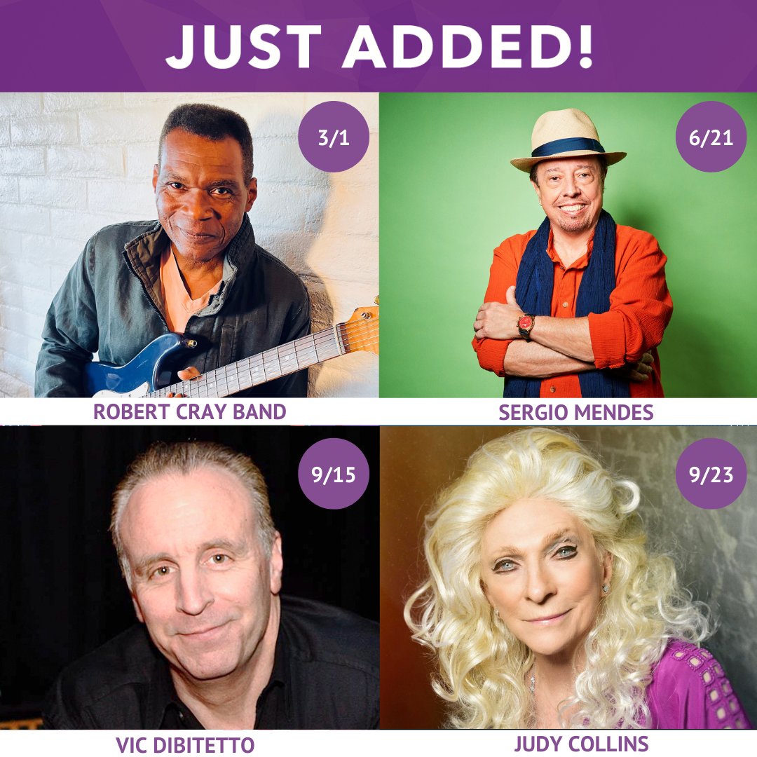 JUST ADDED! 4 New shows in 2023! Robert Cray Band: March 1 @robertcrayband Sergio Mendes: June 21 @sergiomendes Vic Dibitetto: September 15 @vicdibitetto Judy Collins with the RSO: September 23 @thejudycollins