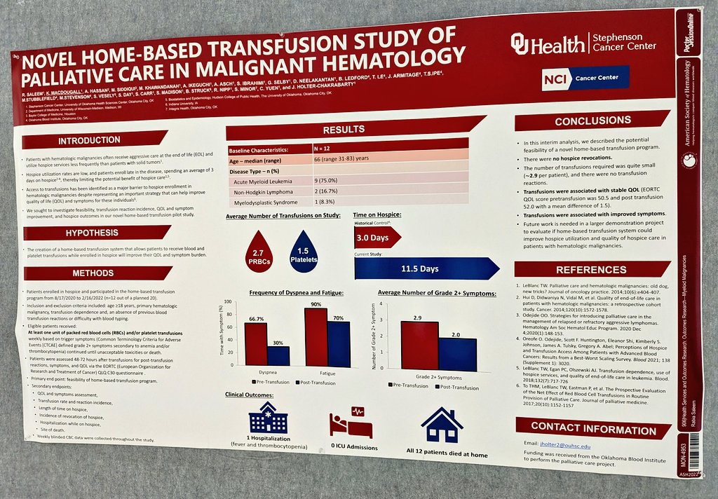 Phenomenal study @ouholter of at-home transfusion support during hospice. Transfusions = improved symptom burden, no hospice revocations, only 3 units given, and all pts died at home. #ASH22 #hpm #geripal