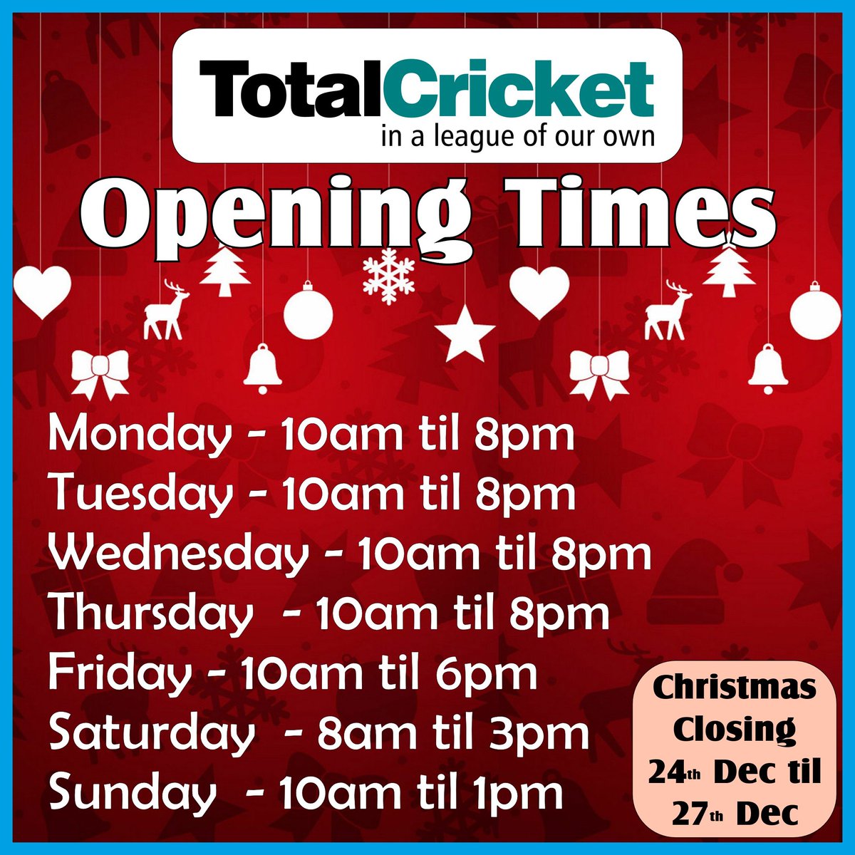 Christmas Opening times.
