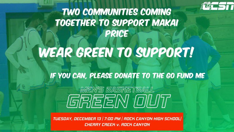 CherryCreekSN's tweet photo. Creek Senior Makai Price was involved in a car accident on December 8th, putting his life in grave danger. The @creek_hoops game tomorrow is a GREEN OUT at Rock Canyon to support Makai and his family. 

Read Makai’s story and donate if you’re able:
https://t.co/cbMoWTNCNn https://t.co/uCPTZPE8Hx