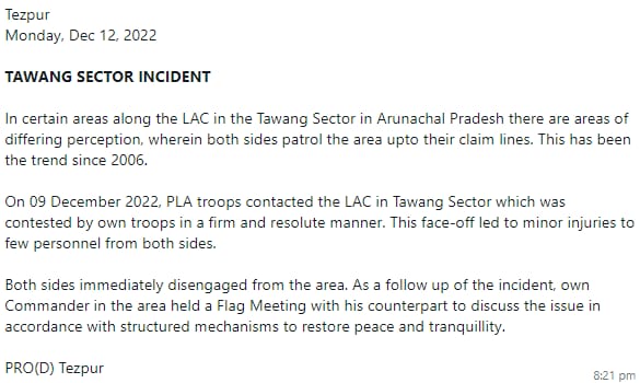 BhairavVaam's tweet photo. Official statement on recent Skirmishes between #India and #Chiense Army at Yangtse, #Tawang in Arunachal Pradesh on 9th of December. 🇮🇳
@adgpi #PROTezpur #TawangClash https://t.co/qUmCWVQ3gs