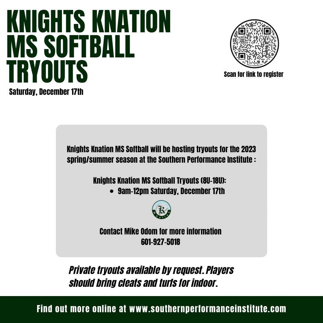 Knights Knation MS Softball (@knightsms_sb) on Twitter photo 🚨Tryout Reminder🚨
Knights Knation MS Softball will host an open tryout Saturday, December 17th from 9am-12pm! Ages 8U-18U.
Register here: knightsms knightsms.leagueapps.com/events/3528168…
<a href="/SPInstitute_MS/">Southern Performance Institute</a> 🚨Tryout Reminder🚨
Knights Knation MS Softball will host an open tryout Saturday, December 17th from 9am-12pm! Ages 8U-18U.
Register here: knightsms knightsms.leagueapps.com/events/3528168…
<a href="/SPInstitute_MS/">Southern Performance Institute</a>