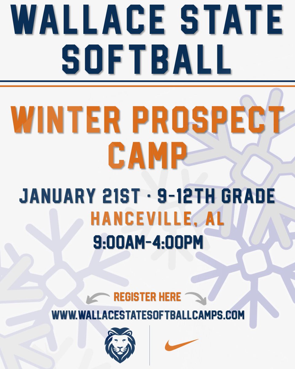 🚨 CAMP TIME! 🚨

Join us for our Winter Prospect Camp on January 21st! Can’t wait to see all of our future Lions! 🦁 

Register at:
wallacestatesoftballcamps.com

#WinningTradition