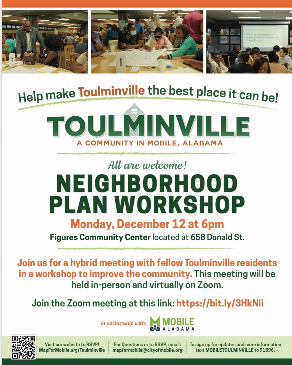 We hope to see you tonight at the second Toulminville Neighborhood Plan Workshop. The meeting will occur at the Figures Community Center at 658 Donald Street. If you can not attend in person, please join us virtually on Zoom with this link cityofmobile.zoom.us/j/89611065859...