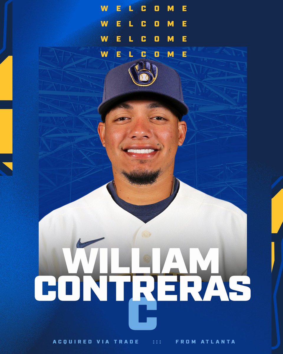 Brewers's tweet photo. C William Contreras (ATL), RHP Joel Payamps (OAK) and RHP Justin Yeager (ATL) have officially been acquired in a three-team trade with Atlanta and Oakland.

OF Esteury Ruiz has been sent to Oakland. https://t.co/UTPetoCOTj