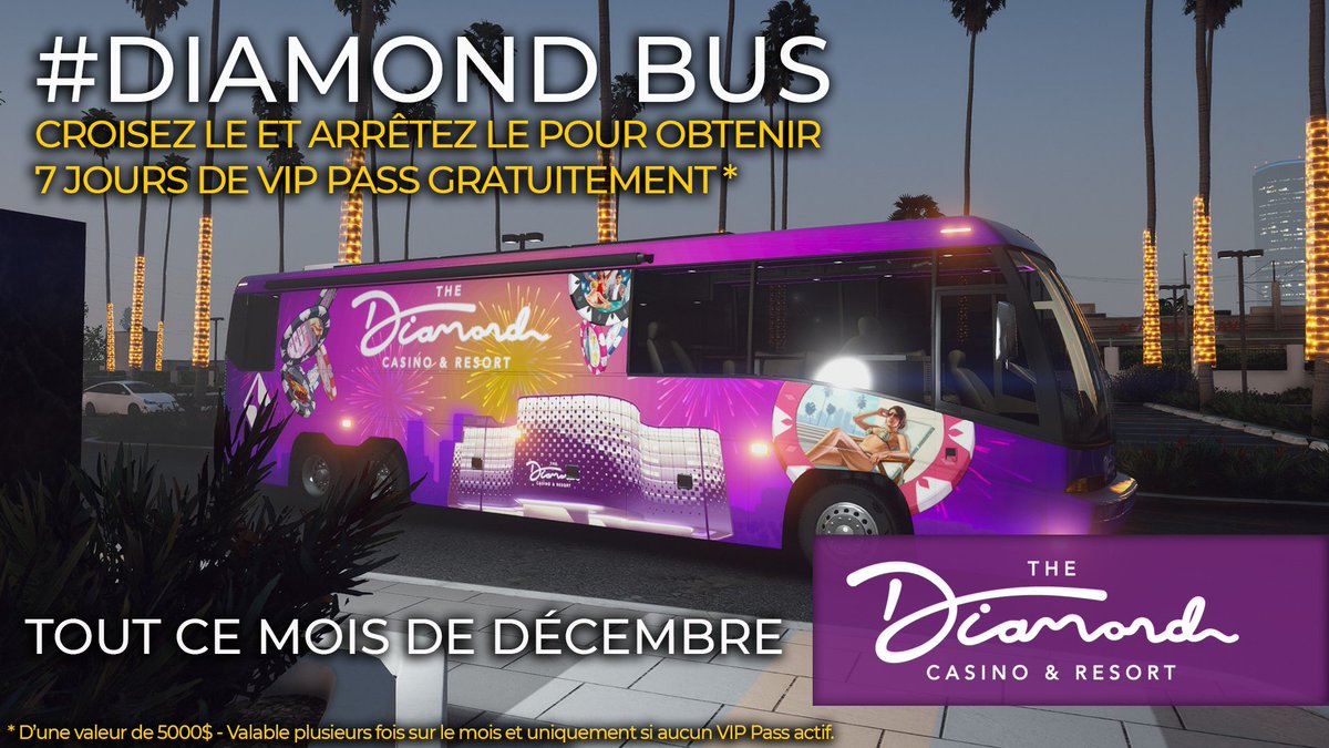 CasinoDiamondLS's tweet photo. C'est déjà Noël au Diamond !
Chassez le #DiamondBus tout le mois de décembre et remportez un Diamond VIP Pass de 7 jours d'une valeur de 5000$ dès que vous le croisez !
Suivez ses déplacements depuis Twitter sur votre téléphone ! https://t.co/XJ5CBX2xrT