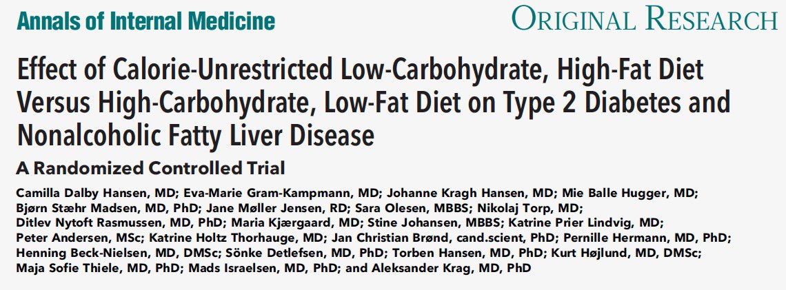 Which diet is superior in #NAFLD and #T2D?   Our RCT with 165 T2D pt’s in @AnnalsofIM High Fat Diet (50-60 E% fat) superior to Low Carb in   👉 improving glycemic control and insulin resistance 👉 inducing weight loss 👉 more improved ≥ 1 in NAS score acpjournals.org/doi/10.7326/M2…