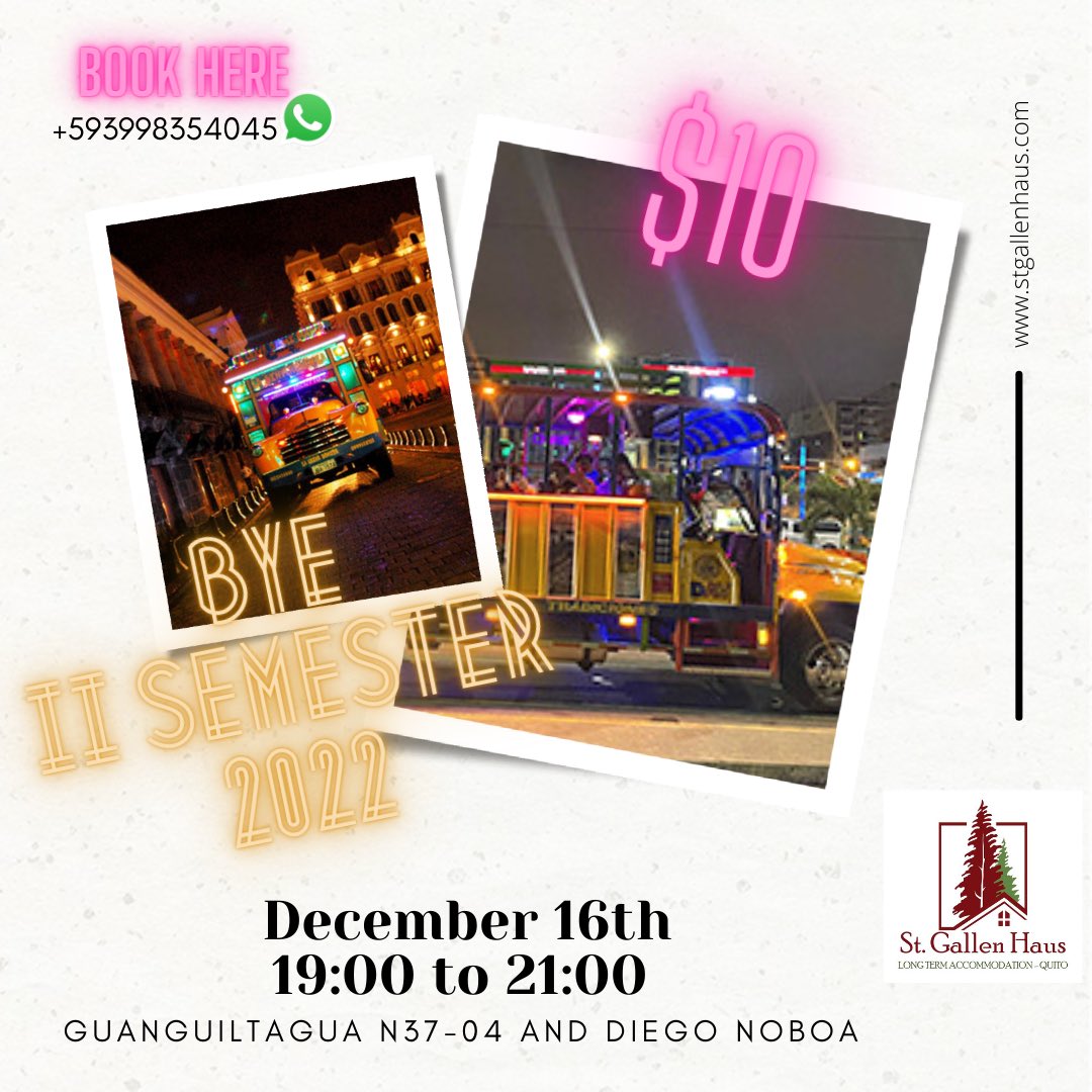 stgallenhaus's tweet photo. The semester ๐ is over and itโs time to go home ๐ , but lest party ๐ one more time #chiva #party #studingabroad #travel #quito https://t.co/Frz9jY9qQR