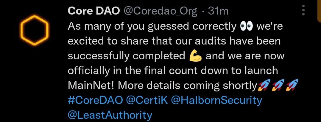 Announcement announcement announcement!!!
Core has dropped a strong official update, that they are in there final count down and which lunching will be soon; as the completed successfully there audits 
Follow and retweet for more information