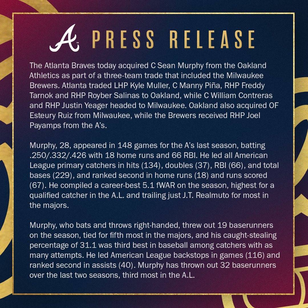 #Braves acquire C Sean Murphy from the Oakland Athletics as part of a three-team trade: