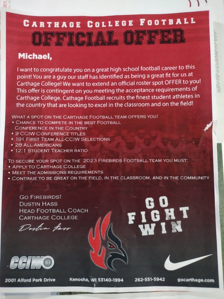 After 2 Visits and meeting the with coaching staff and players, I'm blessed to announce I have received an 🅾️ffer from <a href="/CoachDustinHass/">Dustin Hass</a> to play college Football!! <a href="/Wilmot_Football/">Wilmot Football</a> <a href="/Carthage_FB/">Carthage Football</a> <a href="/Coach_Hopkins40/">Brian Hopkins</a> <a href="/coachsquare/">Keiya Square</a> <a href="/brenner_brent/">Brent</a> <a href="/sfzager/">steve z</a> <a href="/PrepRedzoneWI/">Prep Redzone Wisconsin</a> <a href="/MJ_NFLDraft/">Mark Johnson</a>