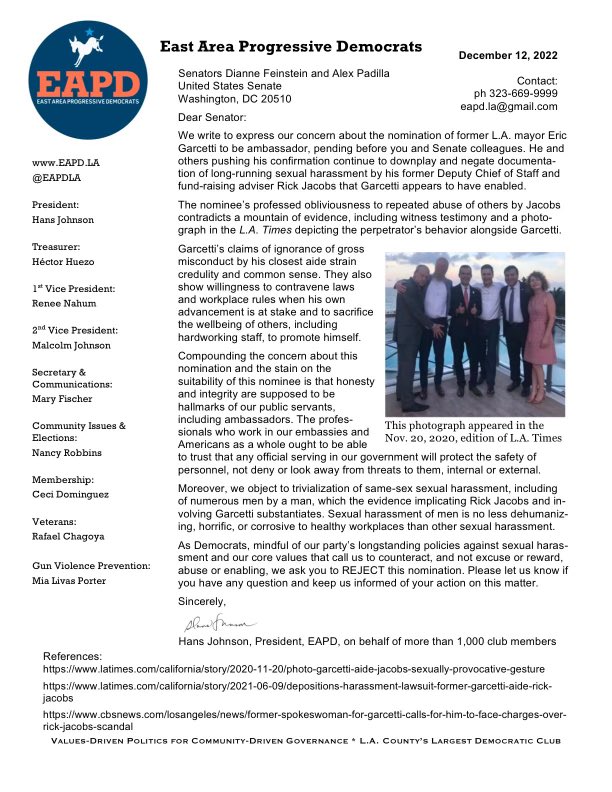 Calling on <a href="/SenFeinstein/">Senator Dianne Feinstein</a> and <a href="/SenAlexPadilla/">Senator Alex Padilla</a> to reject Garcetti’s nomination.