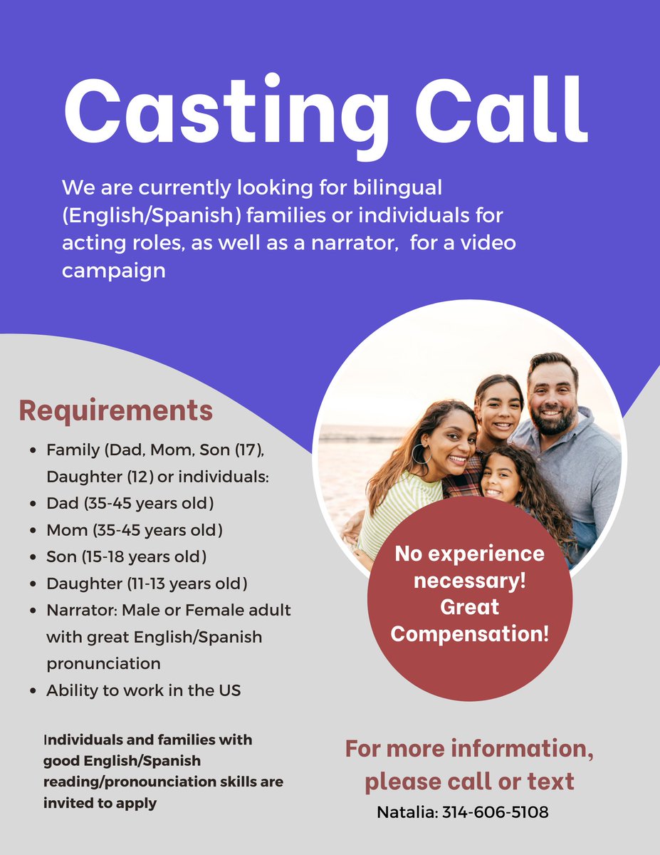 HCCMetroSTL's tweet photo. MulticuluturalMidwestLLC is looking for a bilingual(English/Spanish) families or individuals for acting roles, as well as a narrator, for a video campaign in St. Louis. No experience is needed!!
Contact Natalia Corray at 314-606-5108 for more information!
#HCC #HCCSTL #cast https://t.co/3KDzqFBT1q