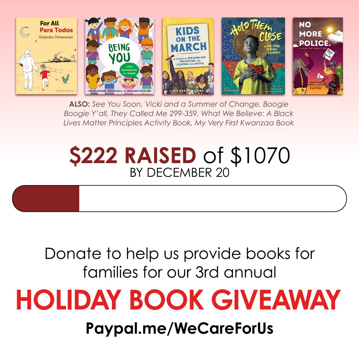 DefundTheGRPD's tweet photo. We have $848 to go to reach our goal for our 3rd annual holiday book giveaway. We're aiming to raise $1070 total by December 20th. Share widely and donate at https://t.co/SStbTT3IML!

#WeTakeCareOfUs https://t.co/zIxWYJK0D0