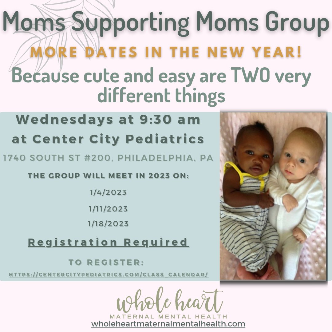 More dates for the Moms Supporting Moms Group in 2023!!!

To register visit: centercitypediatrics.com/class_calendar/

.
.
.
#pmads #ppdjourney #perinatalmentalhealth #youarenotalone #youarenotyoursymptoms #momlife #phillymomma #yourstorymatters #postpartumanxiety #postpartumptsd #pennsynurses