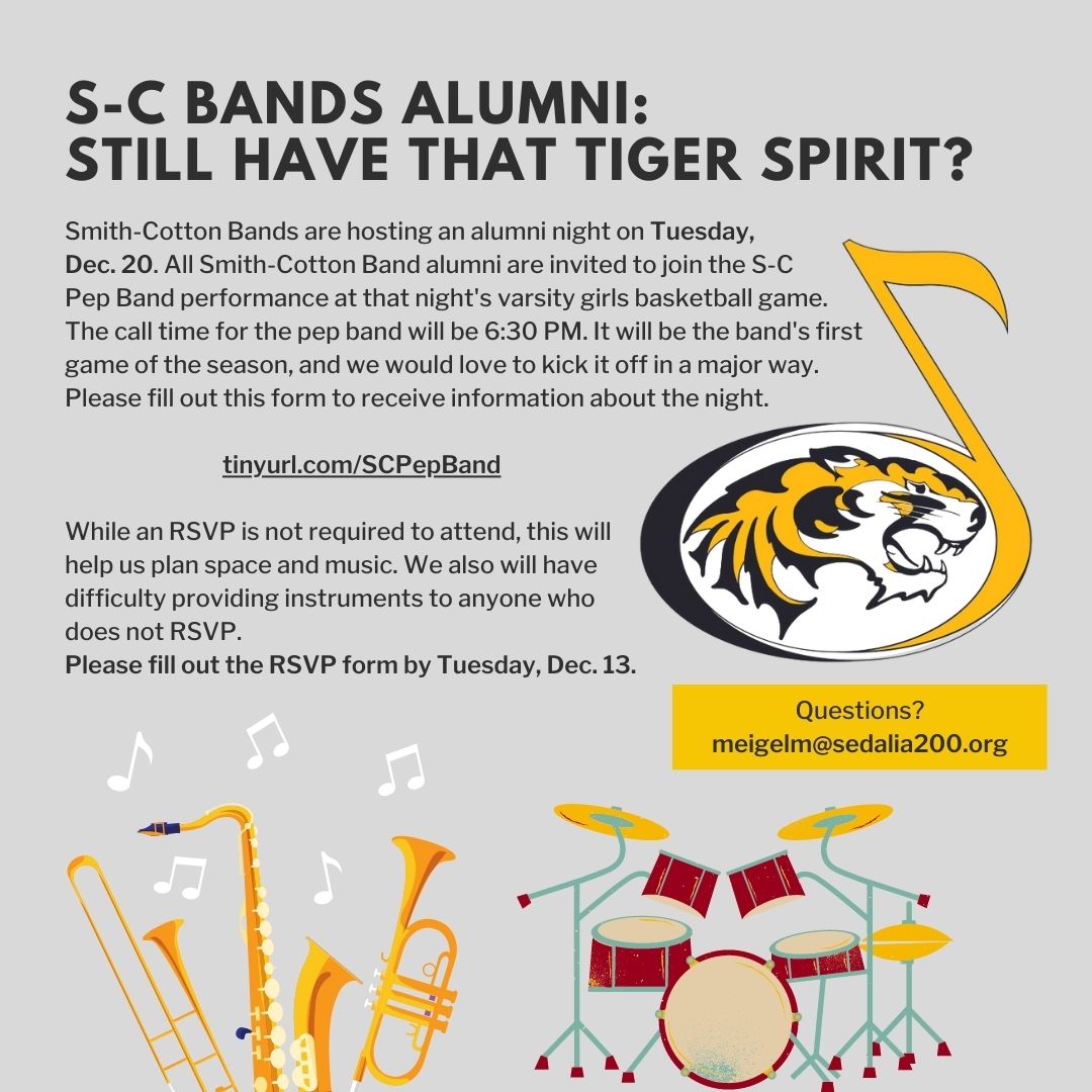 Sedalia School District 200 (@sedaliaschools) on Twitter photo Calling all <a href="/SCBands/">Smith-Cotton Bands</a> alumni: Here is something to take "note" of - a chance to play with the S-C pep band next week. Sign up at tinyurl.com/SCPepBand Calling all <a href="/SCBands/">Smith-Cotton Bands</a> alumni: Here is something to take "note" of - a chance to play with the S-C pep band next week. Sign up at tinyurl.com/SCPepBand