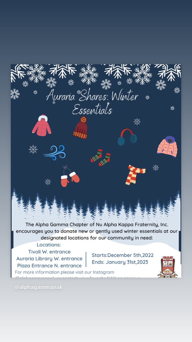 We would like to encourage our Auraria Campus to participate in our Auraria Shares : Winter essentials. Please make sure you stay warm and safe this winter !