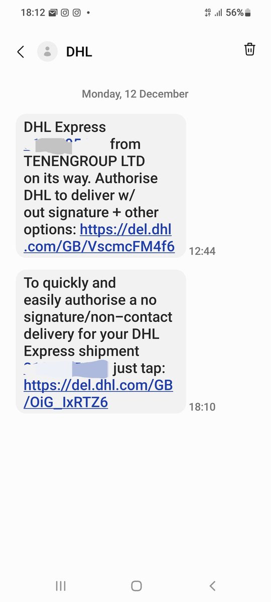 Can anyone here, or from <a href="/dhlexpressuk/">DHL Express UK</a> <a href="/DHLParcelUK/">DHL Parcel UK</a> #DHL confirm if the details in these text msg images are valid or a scam? I don't recall ordering anything from TENENGROUP but it may be another name for a company I have ordered from