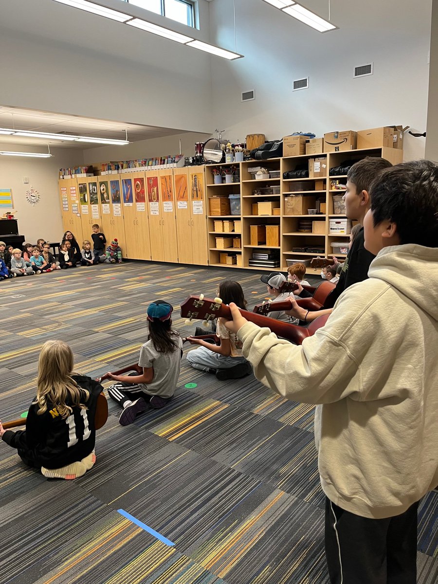 A day of music all day.  3rd-4th-5th grade Sunset Ukulele Mini-Performances presented to K-1-2 classes, led by music teacher Ms. Martin.
