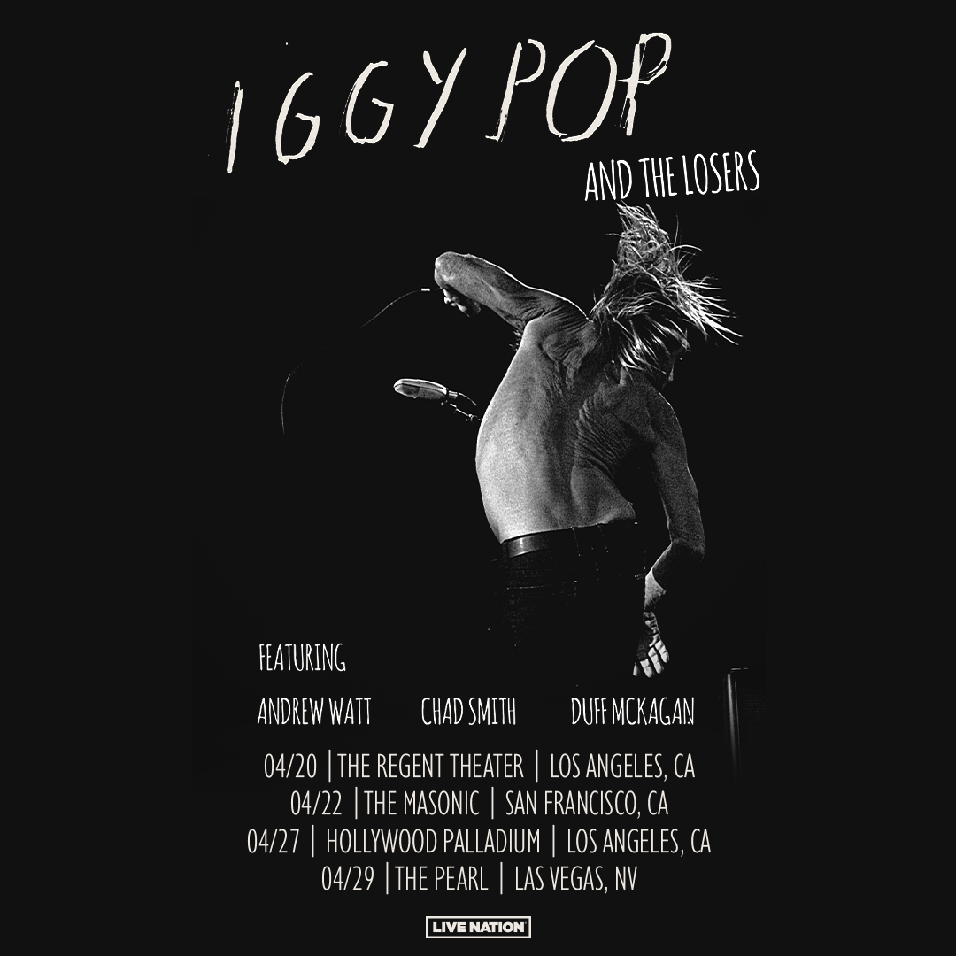 4 special nights. All stars band featuring <a href="/DuffMcKagan/">Duff McKagan</a> / #ChadSmith / <a href="/thisiswatt/">WATT</a>
April 20 Los Angeles, CA The Regent Theater 
April 22 San Francisco, CA Masonic Theater 
April 27 Los Angeles, CA Hollywood Palladium 
April 29 Las Vegas, NV The Pearl 
iggypop.lnk.to/EVERYLOSERTOUR