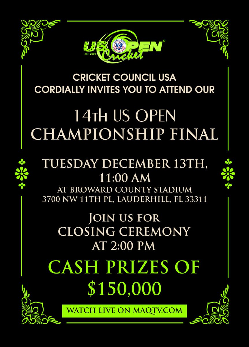 Join us US OPEN CRICKET GRAND FINAL 2022 
LIVE ON MAQTV.COM / YOUTUBE / FABCEBOOK LIVE 
#USOpen2022 #USOPENCRICKET #maqtv #ccusa #final