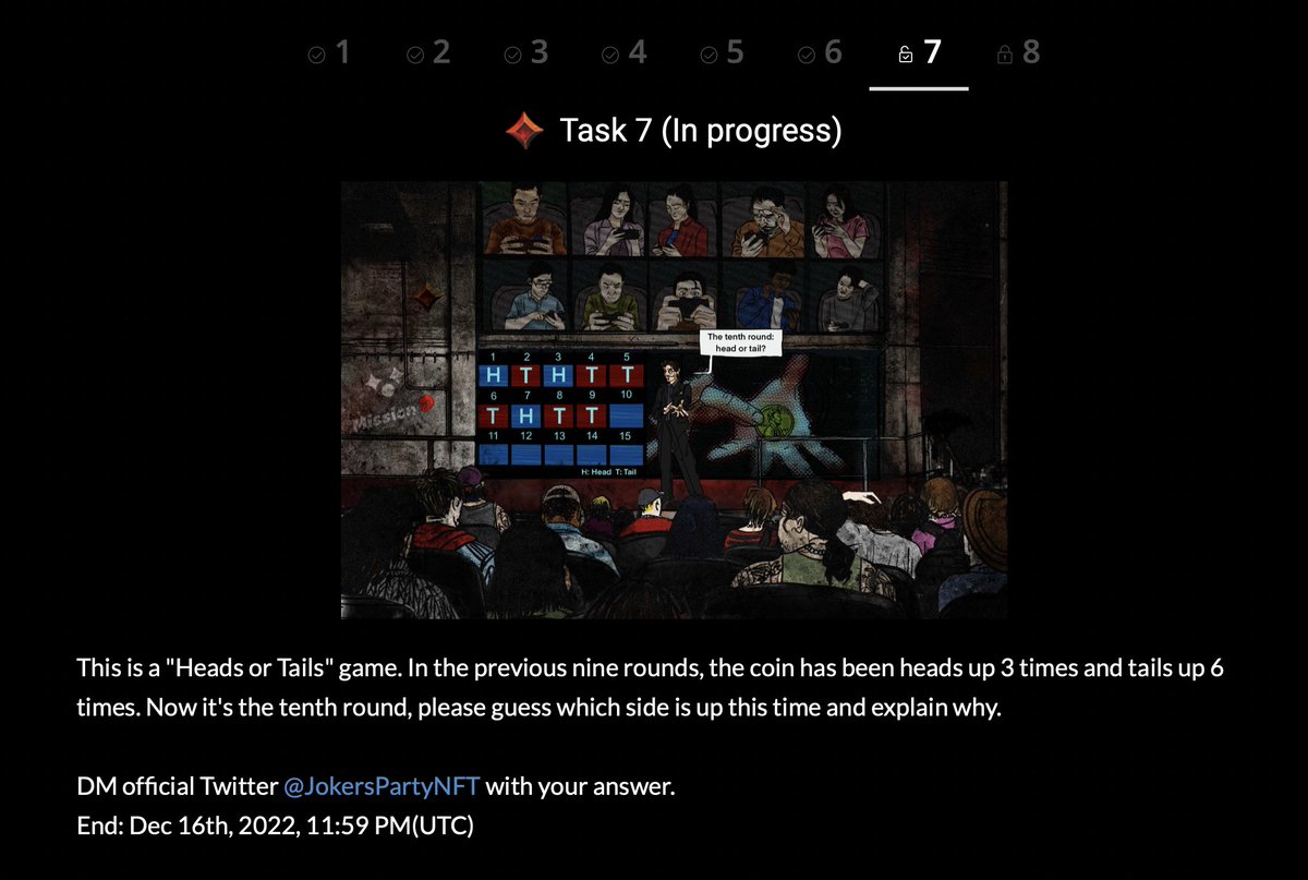 JokersPartyNFT's tweet photo. ▓ Story &amp; Game ▓

[ 𝐌𝐢𝐬𝐬𝐢𝐨𝐧 𝐃 - 𝐓𝐚𝐬𝐤 𝟕 ] is opened🔥, shown in the picture below (Screenshot from https://t.co/top3wYqb3X). Enjoy!

𝐃𝐌 with the answer.

🎁5x WL🎁
🔖DM+RT+FLW+Tag frens
⏳End: Dec 16th, 11:59 PM(UTC)

#NFTs #NFTGiveaways #NFTCommunity https://t.co/sGrIubfR5m