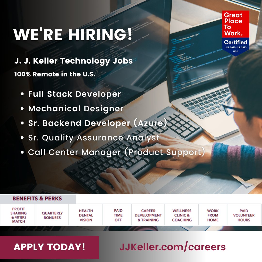 Join our team of 200+ #technology professionals to engage in work that is advancing our technology infrastructure so we can better safeguard people and critical information. Apply today:  bit.ly/3uHLlhF.

#jjkellerdifference #jjktech #jjkdevs #technologyjobs #techcareers