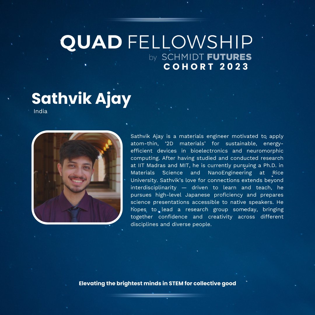 Rice University Graduate & Postdoctoral Studies (@ricegradschool) on Twitter photo The inaugural cohort of #QuadFellows was announced, and two of Rice's graduate students are among the recipients! Congratulations to Utana Umezaki and Sathvik Ajay Iyengar as 2023 Quad Fellows. <a href="/QuadFellowship/">Quad Fellowship</a>
<a href="/SchmidtFutures/">Schmidt Futures</a>
Read more here: ow.ly/OLiP50M1jpY The inaugural cohort of #QuadFellows was announced, and two of Rice's graduate students are among the recipients! Congratulations to Utana Umezaki and Sathvik Ajay Iyengar as 2023 Quad Fellows. <a href="/QuadFellowship/">Quad Fellowship</a>
<a href="/SchmidtFutures/">Schmidt Futures</a>
Read more here: ow.ly/OLiP50M1jpY