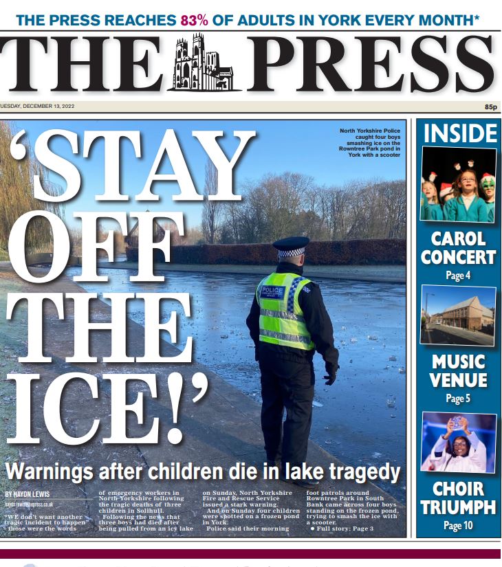 NB_Hd_of_News's tweet photo. After today's terrible news and the revelation that police  spotted youngsters playing on ice in York, tomorrow's front page of The Press has a simple message: https://t.co/CX3jlx9RFe