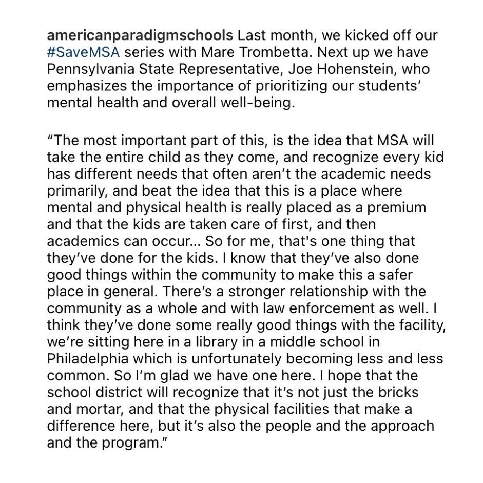 ParadigmSchools's tweet image. Last month, we kicked off our #SaveMSA series with Mare Trombetta. Next up we have Pennsylvania State Representative, @RepHohenstein, who emphasizes the importance of prioritizing our students’ mental health and overall well-being.