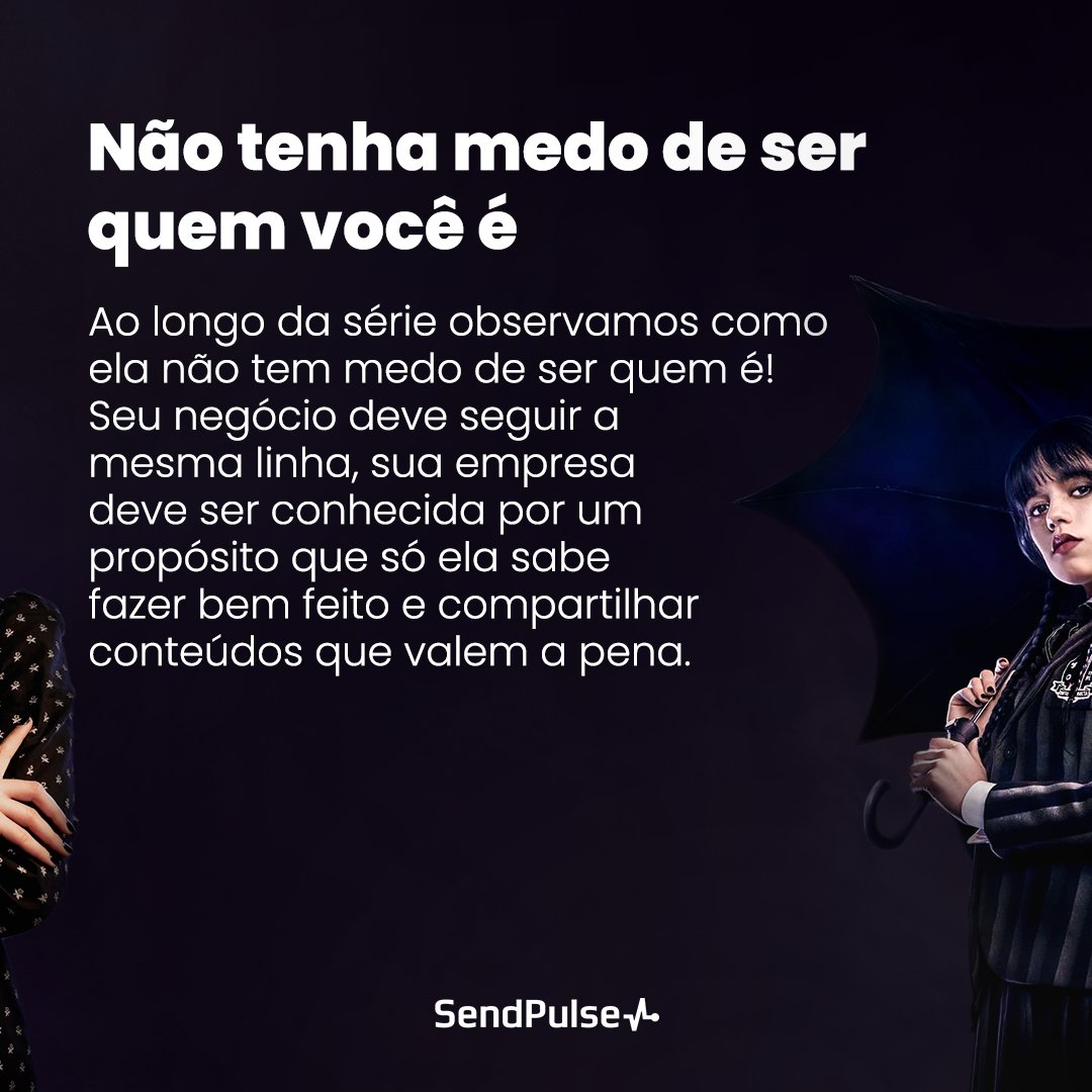 sendpulse_br's tweet photo. Sabia que podemos aprender ensinamentos poderosos para o seu negócio com a Wandinha? 🖤

Arrasta para o lado e vem descobrir quais são! 🌟
#sendpulse #sendpulsebr  #automacaodemarketing #wandinha #familiaaddams #marketing https://t.co/mAgPVfq9lx