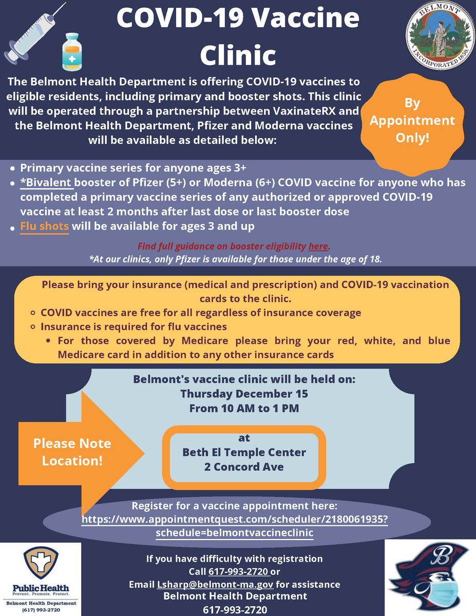 Belmont COVID-19 Vaccine Clinic on Thursday, December 15, 2022 from 10AM-1PM at the Beth El Temple (2 Concord Ave). Register Here:
appointmentquest.com/scheduler/2180…