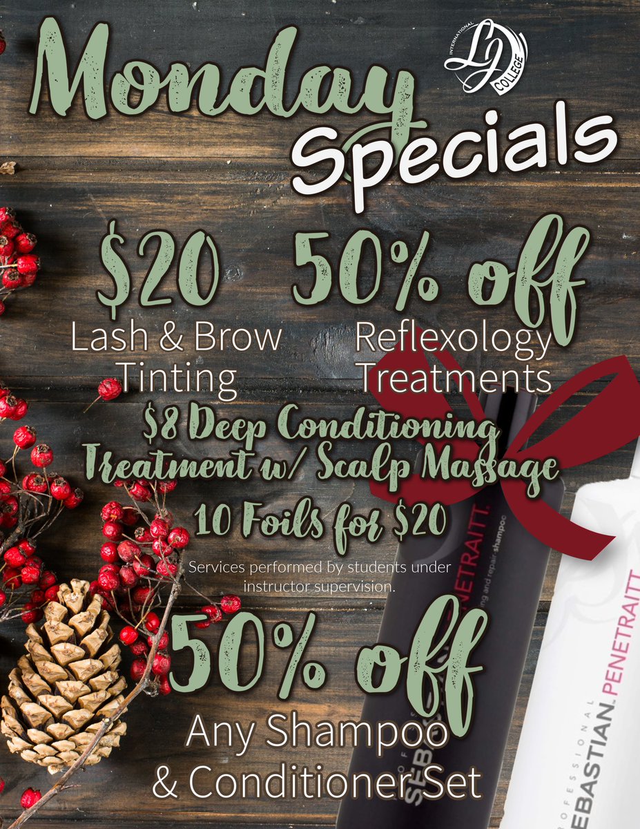 LJIC1's tweet photo. Happy 𝓜𝓸𝓷𝓭𝓪𝔂! Today’s 🅓🅐🅘🅛🅨 🅢🅟🅔🅒🅘🅐🅛🅢!!🎄

🎄$20 Lash &amp; Brow Tinting
🎄50% Off Reflexology Treatment
🎄$8 Deep Conditioning Treatment w/ Scalp Massage
🎄10 Foils for $20
🎄50% Off any Shampoo &amp; Conditioner Set
 
Call 888.880.2108 or visit https://t.co/fgqC7v2yjA